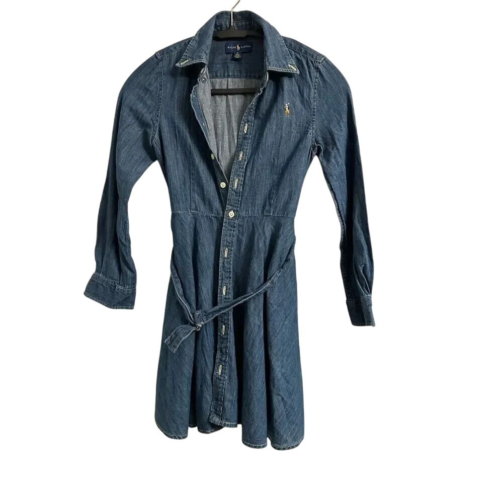 Ralph Lauren Girls‎ Denim Shirt Dress Blue Long Sleeve Belted Size 10